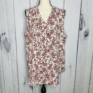 Que Zhu Womens Red Tan Sleeveless Floral Blouse Sz 2XL V-Neck Stretch